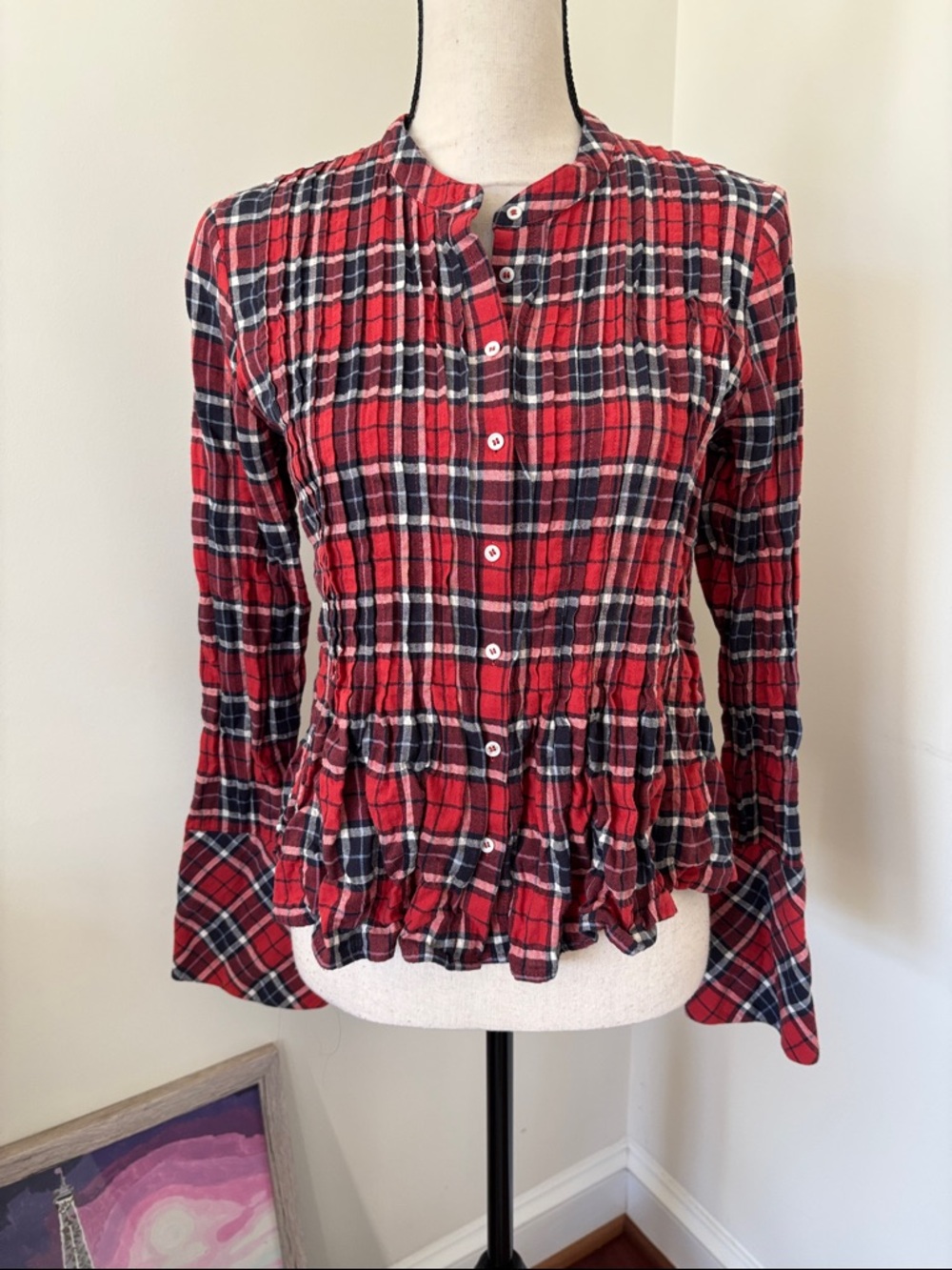 Free People Red and Black Plaid Button-Up Peplum Shirt